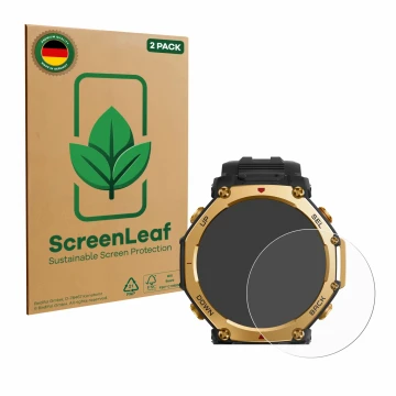 Face avant d’un emballage produit avec le logo de la marque ScreenLeaf. À côté, l’appareil Huami Amazfit T-Rex 3 Pro (48 mm) e