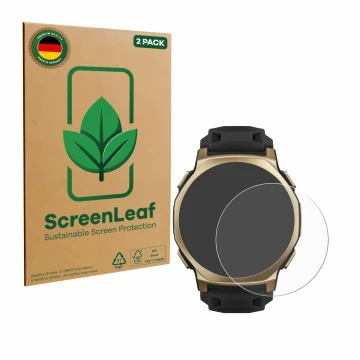 Face avant d’un emballage produit avec le logo de la marque ScreenLeaf. À côté, l’appareil Huami Amazfit T-Rex 3 Pro (44 mm) e
