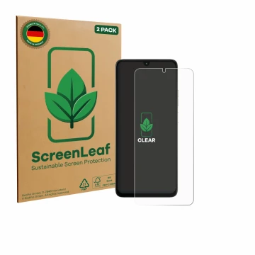 Face avant d’un emballage produit avec le logo de la marque ScreenLeaf. À côté, l’appareil Motorola Moto G06 est représenté av