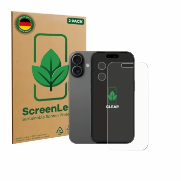 Face avant d’un emballage produit avec le logo de la marque ScreenLeaf. À côté, l’appareil Apple iPhone 17 (Avant+Caméra) est 