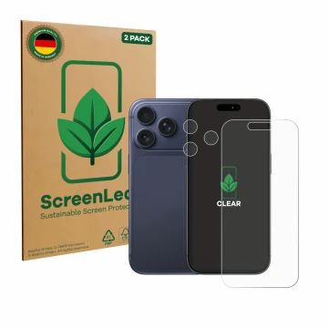 Face avant d’un emballage produit avec le logo de la marque ScreenLeaf. À côté, l’appareil Apple iPhone 17 Pro (Avant+Caméra) 