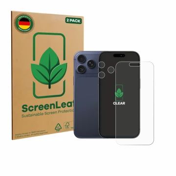 Face avant d’un emballage produit avec le logo de la marque ScreenLeaf. À côté, l’appareil Apple iPhone 17 Pro Max (Avant+Camé