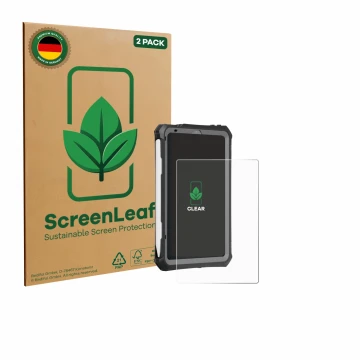 Face avant d’un emballage produit avec le logo de la marque ScreenLeaf. À côté, l’appareil Apple iPad Mini 7 2024 (case-friend
