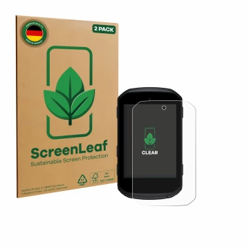 Face avant d’un emballage produit avec le logo de la marque ScreenLeaf. À côté, l’appareil Garmin Edge 550 est représenté avec