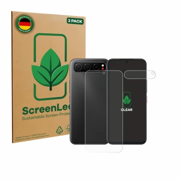 Face avant d’un emballage produit avec le logo de la marque ScreenLeaf. À côté, l’appareil Nubia Air (Avant+Caméra) est représ