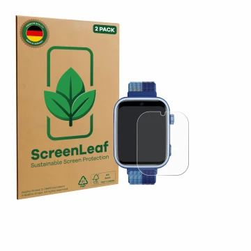Face avant d’un emballage produit avec le logo de la marque ScreenLeaf. À côté, l’appareil JoJoego 4G Smartwatch kids est repr