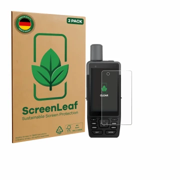 Face avant d’un emballage produit avec le logo de la marque ScreenLeaf. À côté, l’appareil Garmin GPSMAP H1 est représenté ave