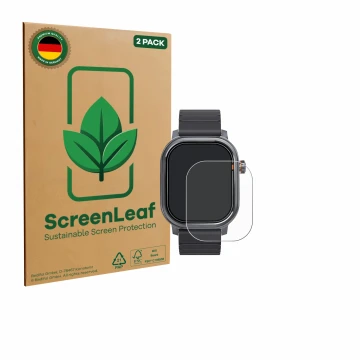 Face avant d’un emballage produit avec le logo de la marque ScreenLeaf. À côté, l’appareil Kospet Pulse est représenté avec la