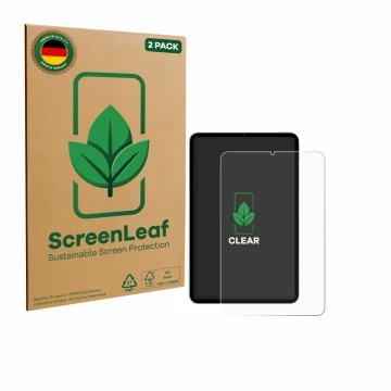 Face avant d’un emballage produit avec le logo de la marque ScreenLeaf. À côté, l’appareil Xiaomi Pad Mini est représenté avec