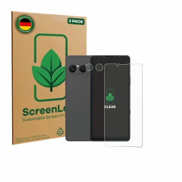 Face avant d’un emballage produit avec le logo de la marque ScreenLeaf. À côté, l’appareil Sony Xperia 10 VII (Avant+Caméra) e