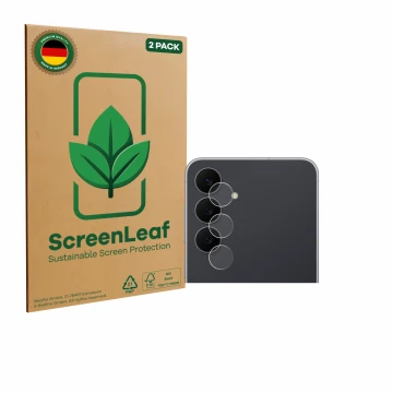 Face avant d’un emballage produit avec le logo de la marque ScreenLeaf. À côté, l’appareil Samsung Galaxy S25 FE Enterprise Ed