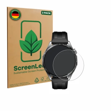 Face avant d’un emballage produit avec le logo de la marque ScreenLeaf. À côté, l’appareil Huawei Watch GT 6 (46 mm) est repré