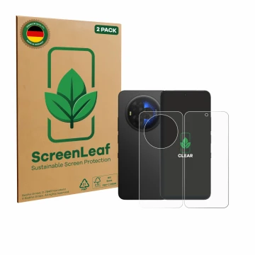 Face avant d’un emballage produit avec le logo de la marque ScreenLeaf. À côté, l’appareil TCL NXTPAPER 60 Ultra (Avant+Arrièr