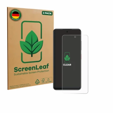 Face avant d’un emballage produit avec le logo de la marque ScreenLeaf. À côté, l’appareil Nubia Focus est représenté avec la 
