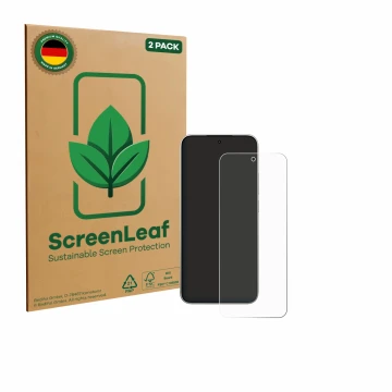 Face avant d’un emballage produit avec le logo de la marque ScreenLeaf. À côté, l’appareil Xiaomi 15T est représenté avec la p