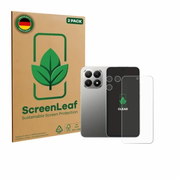 Face avant d’un emballage produit avec le logo de la marque ScreenLeaf. À côté, l’appareil Xiaomi 15T (Avant+Caméra) est repré