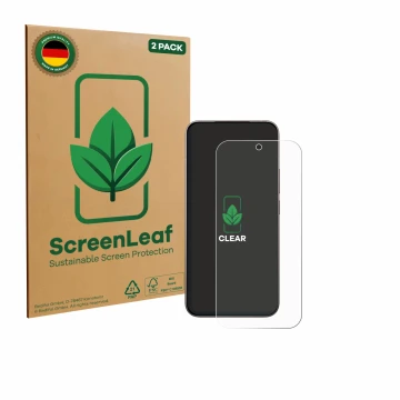 Face avant d’un emballage produit avec le logo de la marque ScreenLeaf. À côté, l’appareil Xiaomi 17 est représenté avec la pr