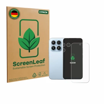 Face avant d’un emballage produit avec le logo de la marque ScreenLeaf. À côté, l’appareil Xiaomi 17 (Avant+Caméra) est représ