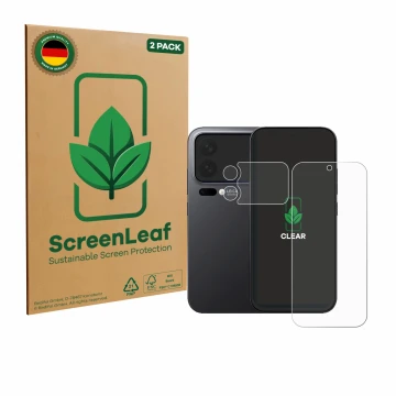 Face avant d’un emballage produit avec le logo de la marque ScreenLeaf. À côté, l’appareil Xiaomi 17 Pro (Avant+Caméra) est re