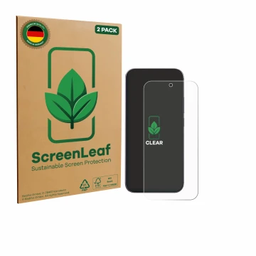 Face avant d’un emballage produit avec le logo de la marque ScreenLeaf. À côté, l’appareil Xiaomi 17 Pro Max est représenté av