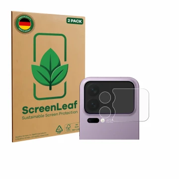 Face avant d’un emballage produit avec le logo de la marque ScreenLeaf. À côté, l’appareil Xiaomi 17 Pro Max (Caméra UNIQUEMEN