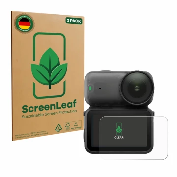 Face avant d’un emballage produit avec le logo de la marque ScreenLeaf. À côté, l’appareil DJI Osmo Nano est représenté avec l