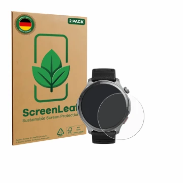 Face avant d’un emballage produit avec le logo de la marque ScreenLeaf. À côté, l’appareil Huami Amazfit Balance 2 XT est repr