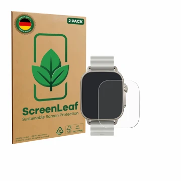 Face avant d’un emballage produit avec le logo de la marque ScreenLeaf. À côté, l’appareil realme Watch 5 est représenté avec 