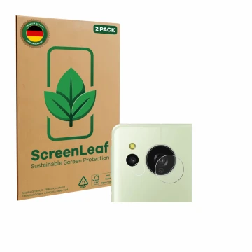 Face avant d’un emballage produit avec le logo de la marque ScreenLeaf. À côté, l’appareil Sharp Aquos Sense 8 (Caméra UNIQUEM