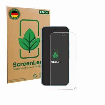 Face avant d’un emballage produit avec le logo de la marque ScreenLeaf. À côté, l’appareil Google Pixel 9 (case-friendly) est 