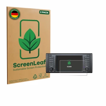 Face avant d’un emballage produit avec le logo de la marque ScreenLeaf. À côté, l’appareil Eonon E39A12S est représenté avec l