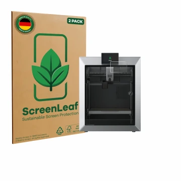 Face avant d’un emballage produit avec le logo de la marque ScreenLeaf. À côté, l’appareil Qidi Tech Q2 est représenté avec la