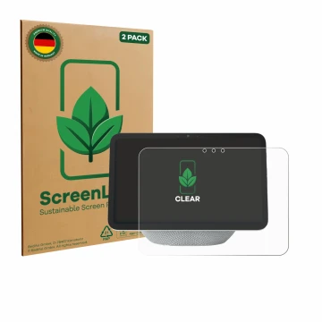 Face avant d’un emballage produit avec le logo de la marque ScreenLeaf. À côté, l’appareil Amazon Echo Show 8 2025 (4ème Gen.)