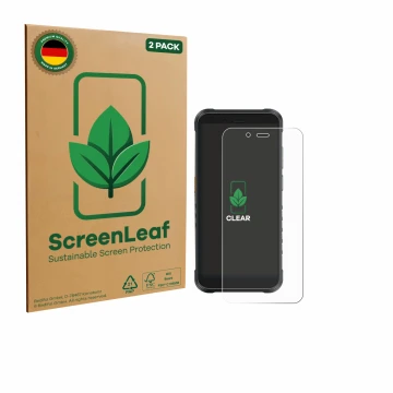 Face avant d’un emballage produit avec le logo de la marque ScreenLeaf. À côté, l’appareil Ulefone RugKing est représenté avec