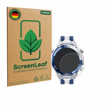 Face avant d’un emballage produit avec le logo de la marque ScreenLeaf. À côté, l’appareil Huawei Watch Ultimate 2 Blue est re