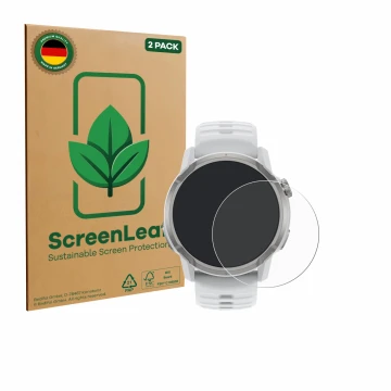Face avant d’un emballage produit avec le logo de la marque ScreenLeaf. À côté, l’appareil Coros Apex 4 (46 mm) est représenté