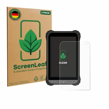 Face avant d’un emballage produit avec le logo de la marque ScreenLeaf. À côté, l’appareil Zoomsmart A8004 Series est représen