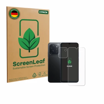 Face avant d’un emballage produit avec le logo de la marque ScreenLeaf. À côté, l’appareil Xiaomi Poco C85 (Avant+Caméra) est 
