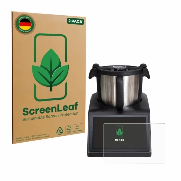 Face avant d’un emballage produit avec le logo de la marque ScreenLeaf. À côté, l’appareil Ufesa TotalChef RK10 est représenté