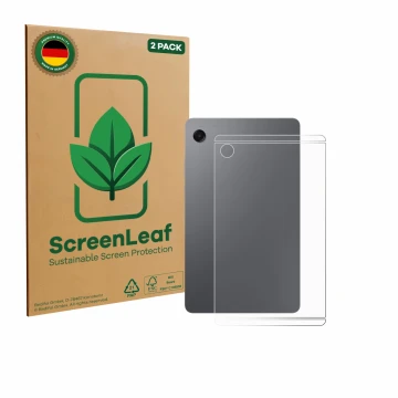 Face avant d’un emballage produit avec le logo de la marque ScreenLeaf. À côté, l’appareil Samsung Galaxy Tab A11 8.7