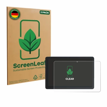 Face avant d’un emballage produit avec le logo de la marque ScreenLeaf. À côté, l’appareil Cubot Tab 65 10.1