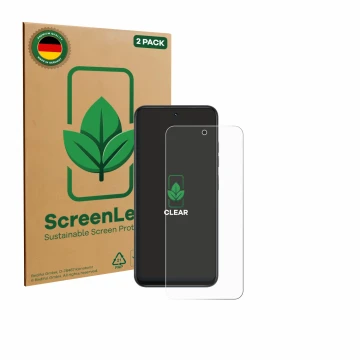 Face avant d’un emballage produit avec le logo de la marque ScreenLeaf. À côté, l’appareil Infinix Smart 10 est représenté ave