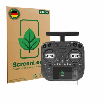 Face avant d’un emballage produit avec le logo de la marque ScreenLeaf. À côté, l’appareil Radiomaster TX15 Max est représenté