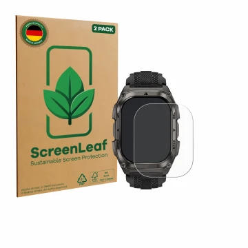 Face avant d’un emballage produit avec le logo de la marque ScreenLeaf. À côté, l’appareil Kospet Tank M4 est représenté avec 