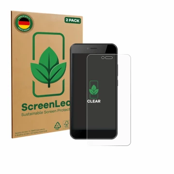 Face avant d’un emballage produit avec le logo de la marque ScreenLeaf. À côté, l’appareil HTC Wildfire E5 Life est représenté
