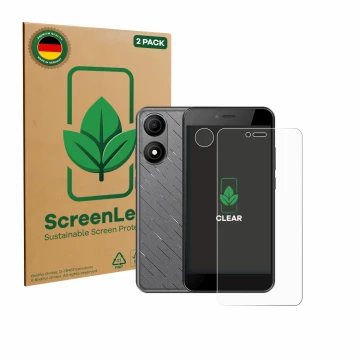 Face avant d’un emballage produit avec le logo de la marque ScreenLeaf. À côté, l’appareil HTC Wildfire E5 Life (Avant+Caméra)