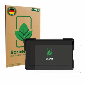Face avant d’un emballage produit avec le logo de la marque ScreenLeaf. À côté, l’appareil Airpuxem Motorrad Carplay 7