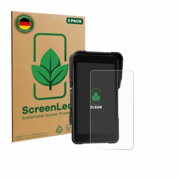 Face avant d’un emballage produit avec le logo de la marque ScreenLeaf. À côté, l’appareil CAMECHO Motorrad Carplay 5