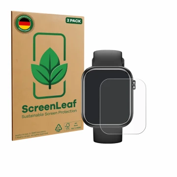 Face avant d’un emballage produit avec le logo de la marque ScreenLeaf. À côté, l’appareil RLQA G104 1.83