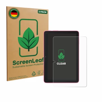 Face avant d’un emballage produit avec le logo de la marque ScreenLeaf. À côté, l’appareil Amazon Fire HD 8 2024 est représent